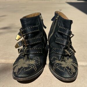 Chloe Black Leather Studded Ankle Booties with Buckle Straps